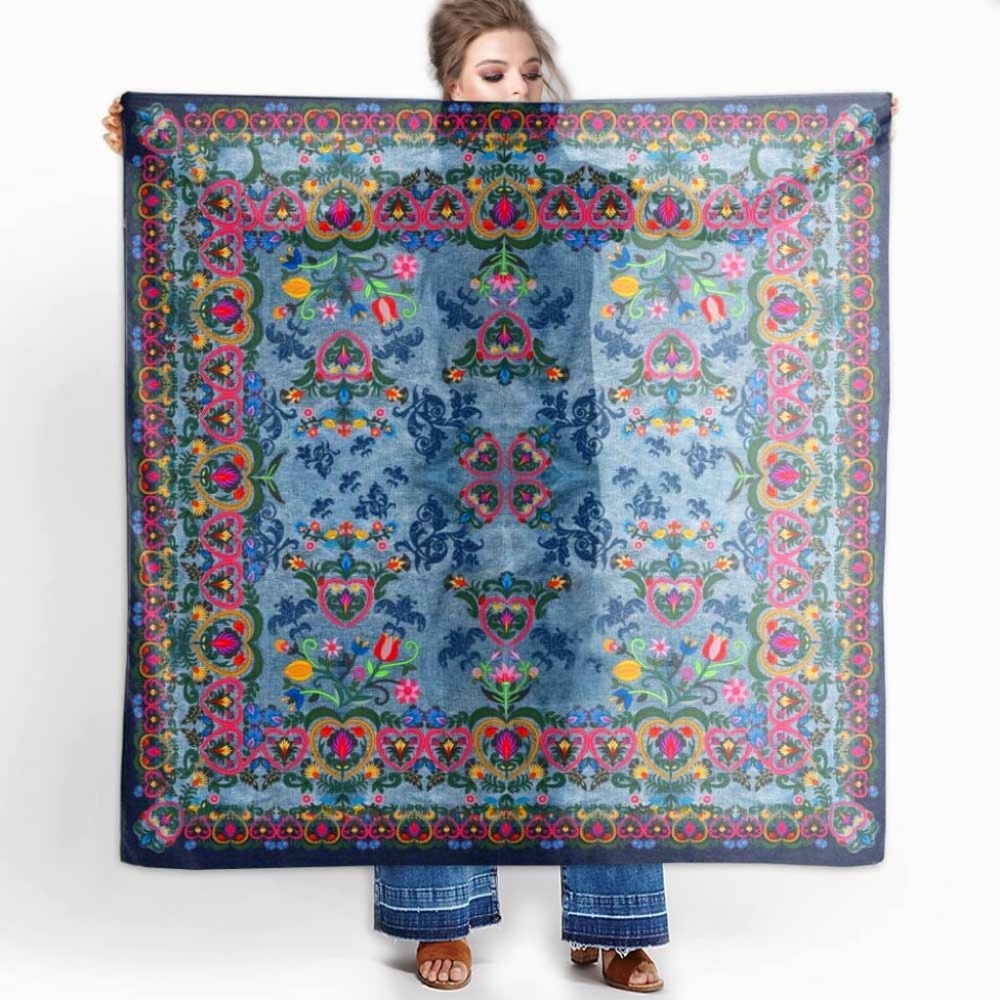 Floral Hippie Shawl. Printed Denim Swedish Folk Chiffon Scarf - Picture 4 of 12